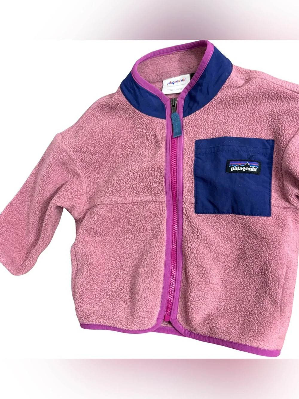 Patagonia Baby Synchilla Fleece Jacket Pink blue chest pocket and trim 12-18M